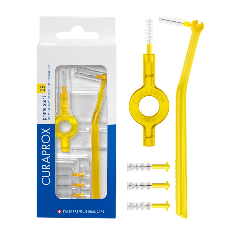 CURAPROX CPS Prime 09 Interdental Brush Kit | 5 Ultra-Fine 0.9mm Brushes with 2 Holders for Effective Cleaning | Gentle Plaque Removal, Yellow - Image 1